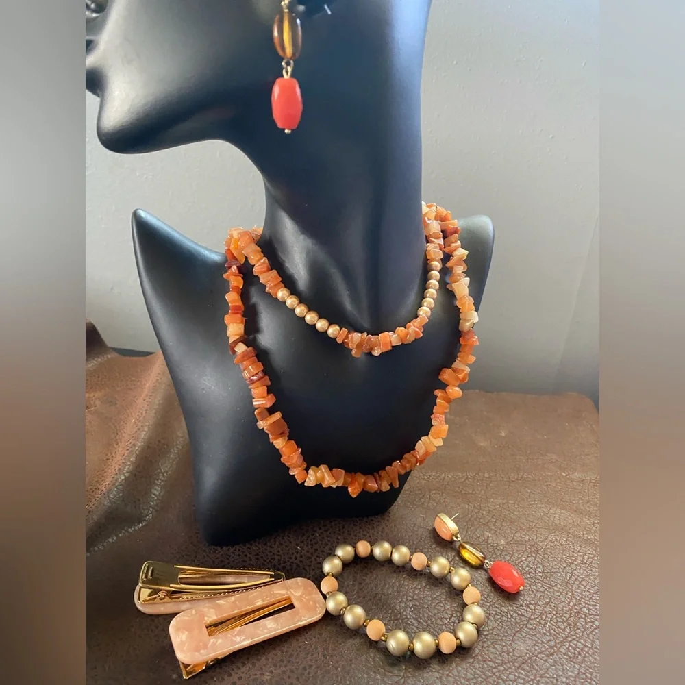 Carnelian Chips Nuggets Orange Necklace, Bracelet, Barrettes, Earring Set